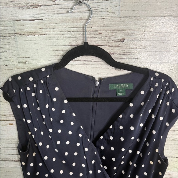 Lauren Ralph Lauren Navy Polka Dot Dress faux wrap size 10 - Picture 3 of 6